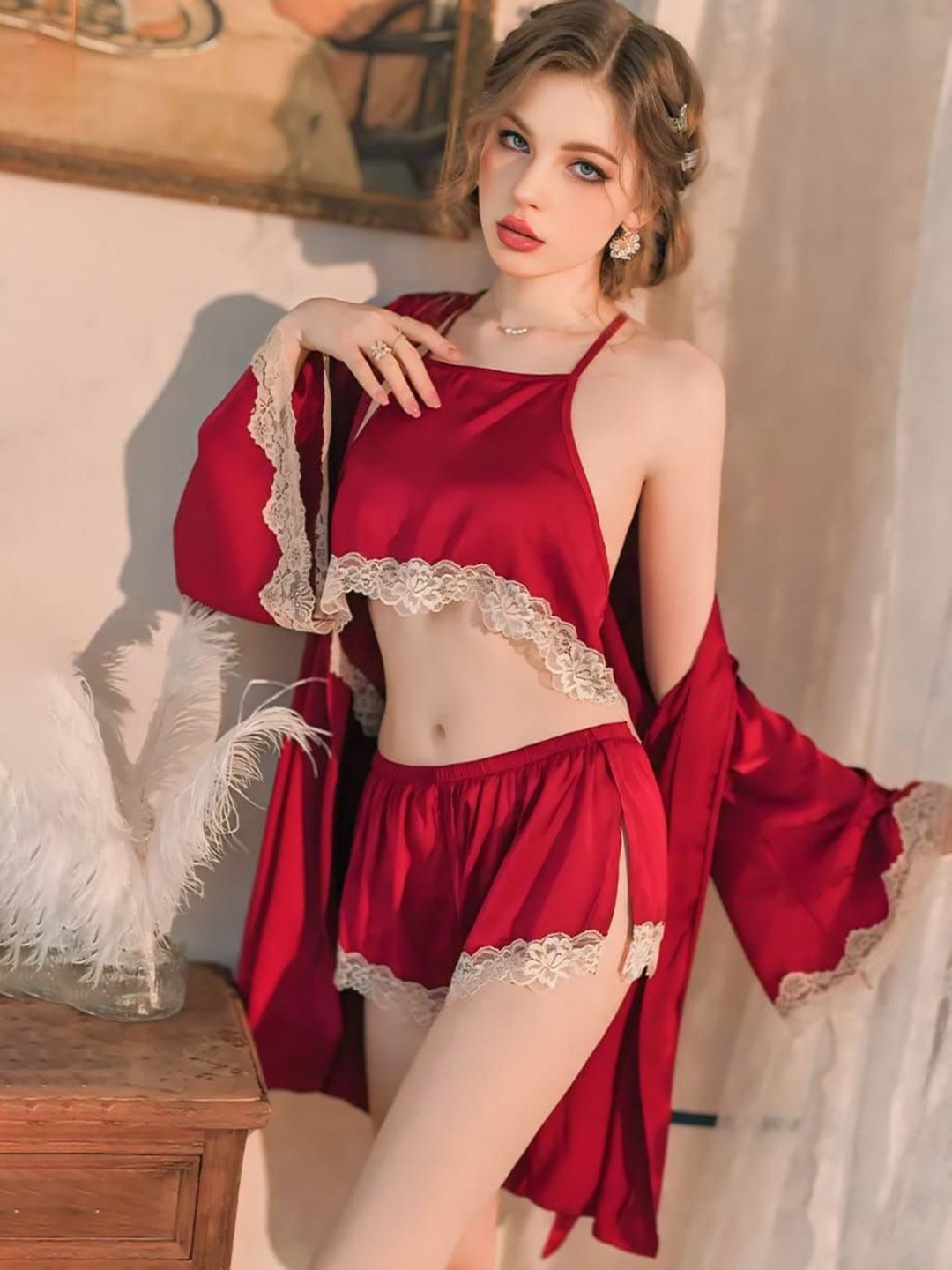 UDHATIKRAMAN Shoulder Straps Neck Laced Baby Doll Nightdress