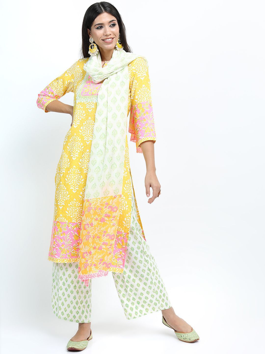Vishudh Women Yellow Abstract Printed Regular Kurta with Palazzos & With Dupatta-picture-12