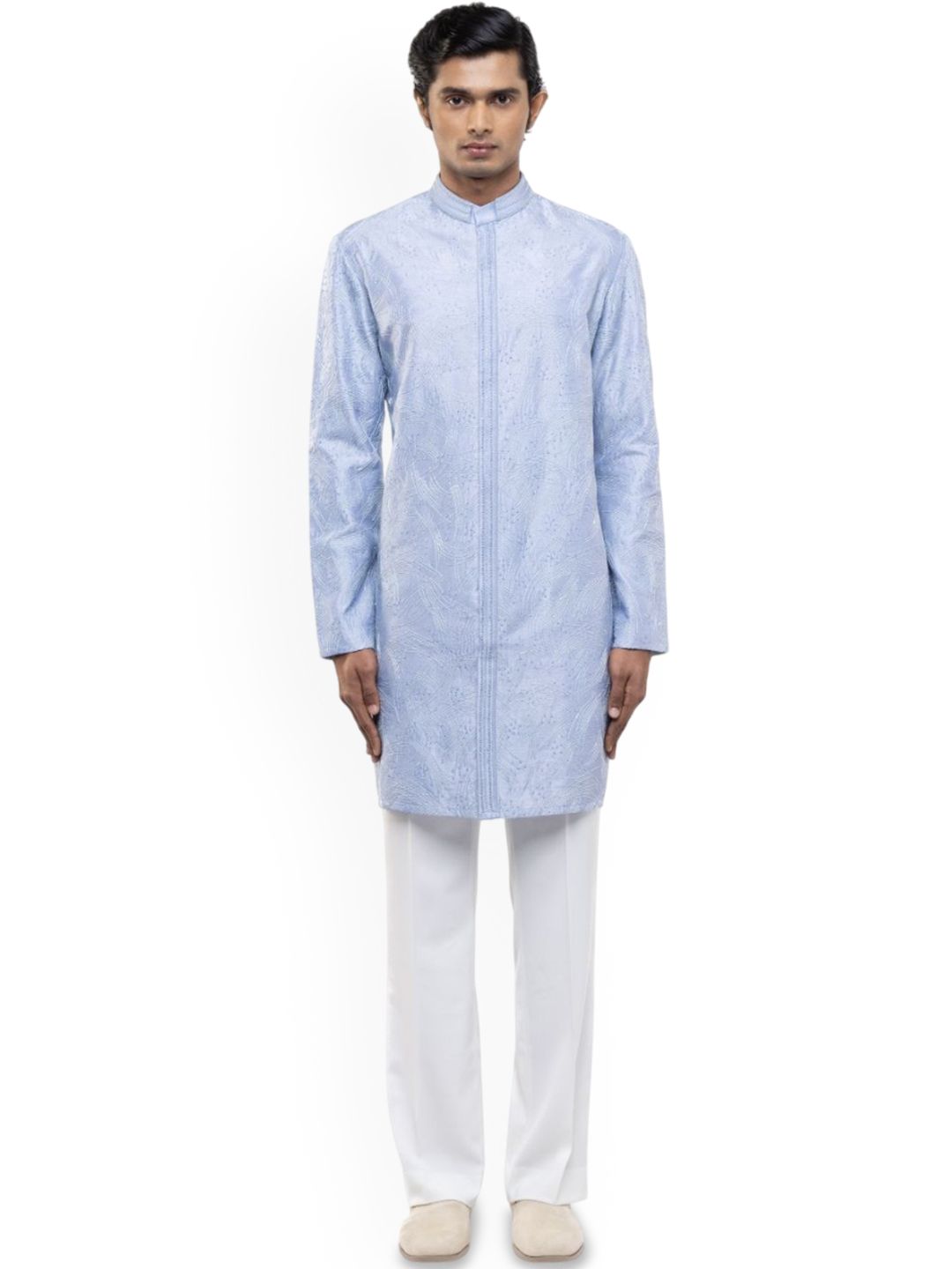 SDS By Kushal Shah Floral Embroidered Mandarin Collar Silk Straight Kurta With Trousers-picture-19