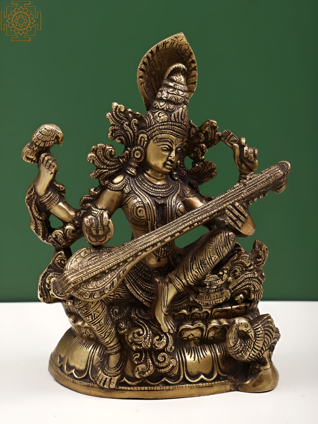 Exotic India Gold-Toned Saraswati Statue Seated On Pedestal Religious Idol Showpiece