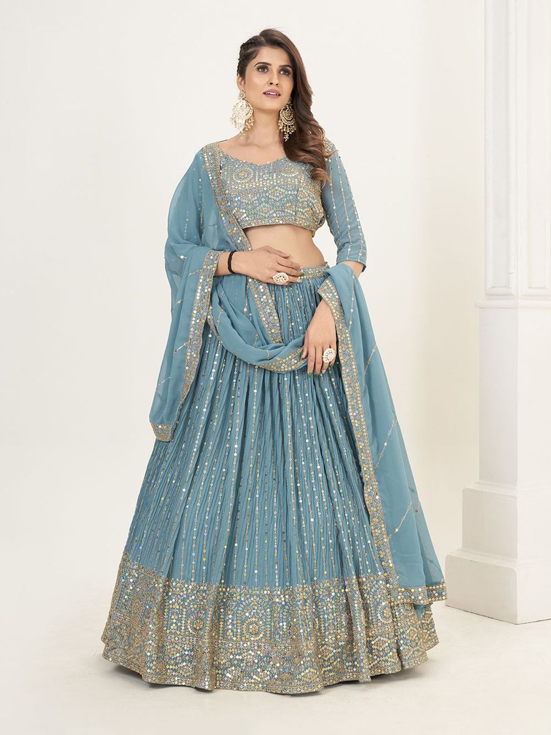 SHOPGARB Floral Embroidered Semi-Stitched Lehenga & Unstitched Blouse With Dupatta-picture-43