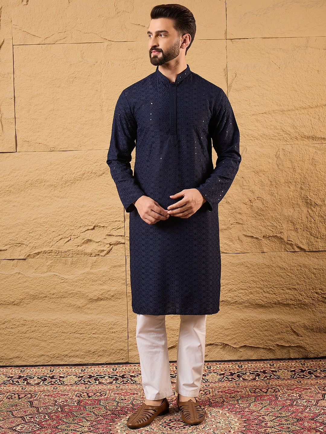 House of Pataudi Embroidered Sequinned Mandarin Collar Straight Kurta-picture-32