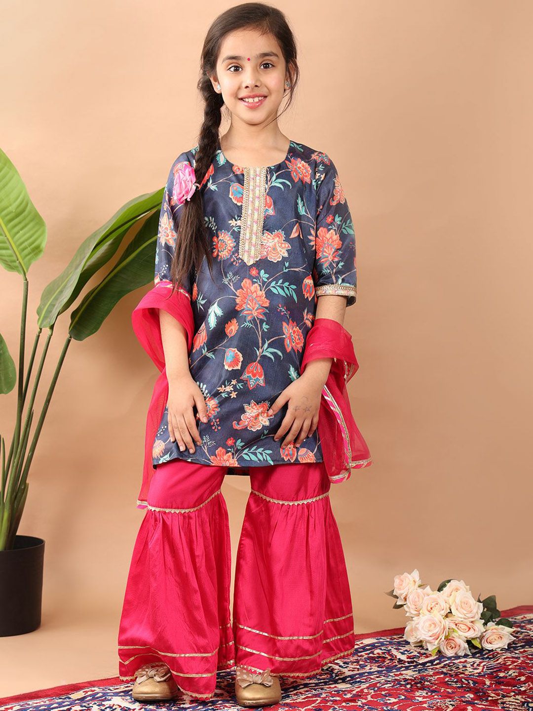 here&now x kinder kids Here&Now X Kinder Girls Floral Printed Round Neck A-Line Kurti With Sharara & Dupatta-picture-16