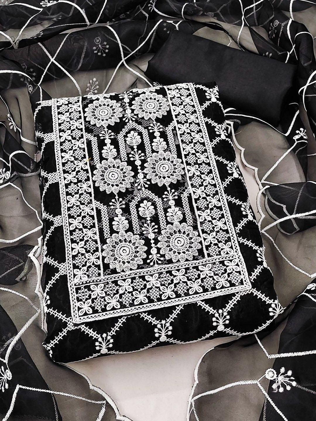 Panzora Floral Embroidered Thread Work Organza Unstitched Dress Material-picture-19