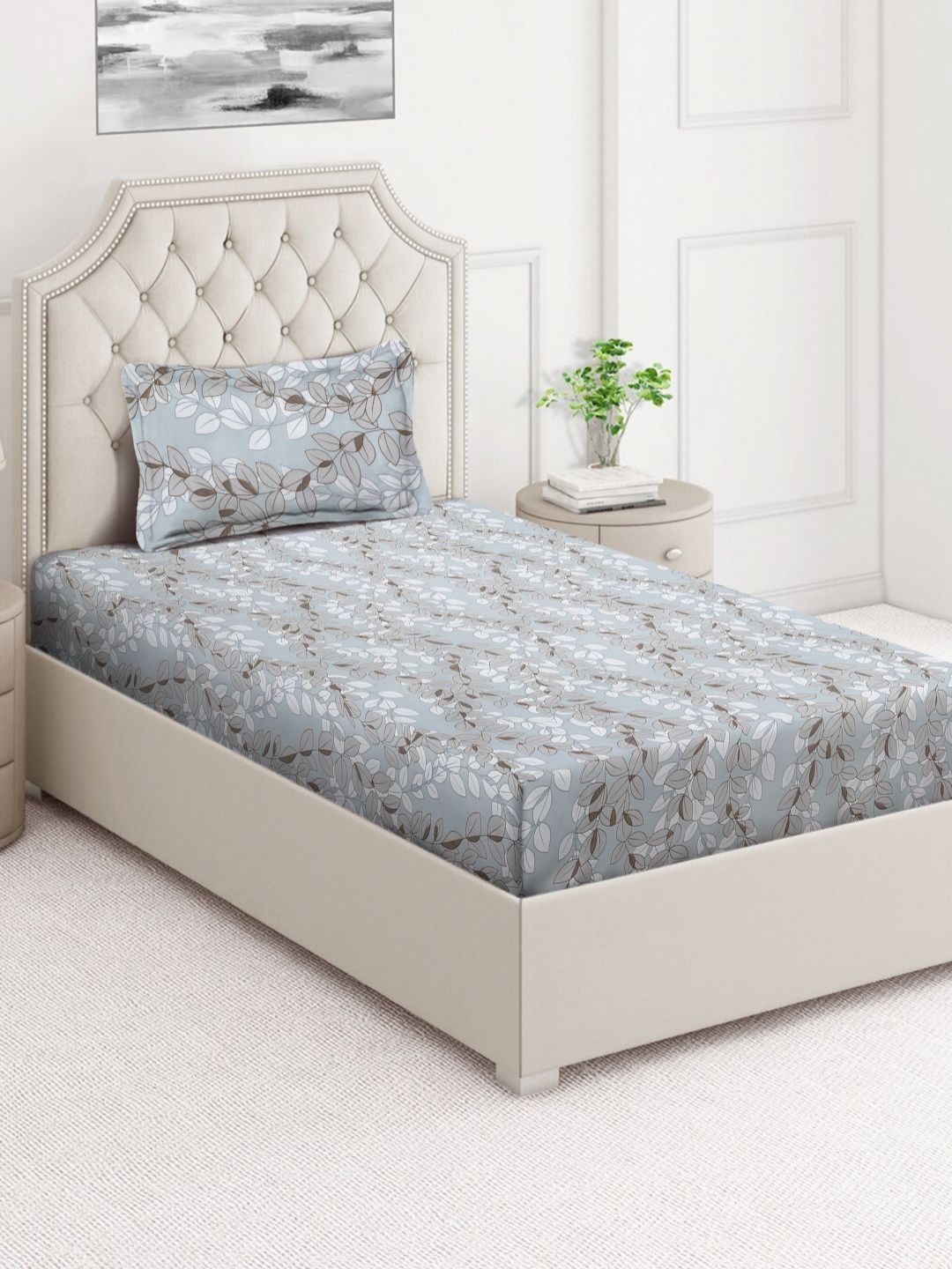 Aura Grey & Brown Floral Printed 350 TC Single Bedsheet Set 2.15 m x 1.50 m-picture-37