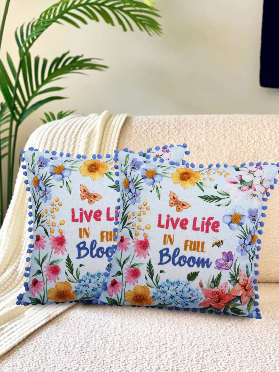 Myntra Elegant Homes Blue & Yellow 2 Pieces Floral Square Cushion Covers-image-7