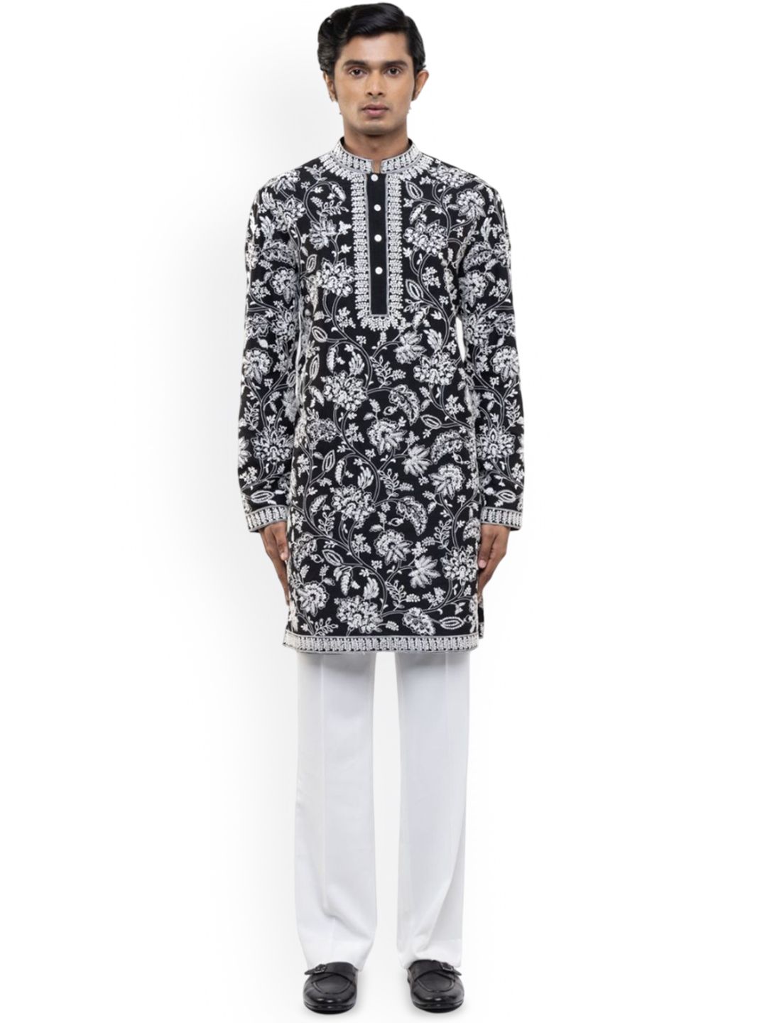 SDS By Kushal Shah Floral Embroidered Mandarin Collar Silk Straight Kurta & Trousers-picture-12