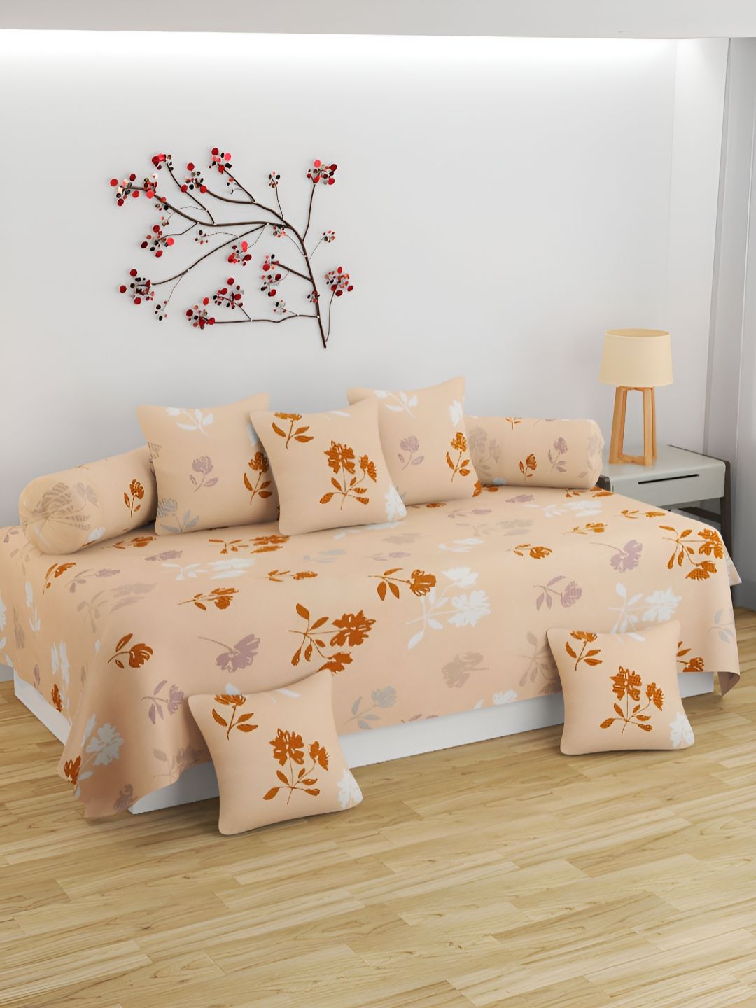 Bromwick Set Of 8 Orange-Colored Floral Printed 250 TC Cotton Diwan Set-picture-11
