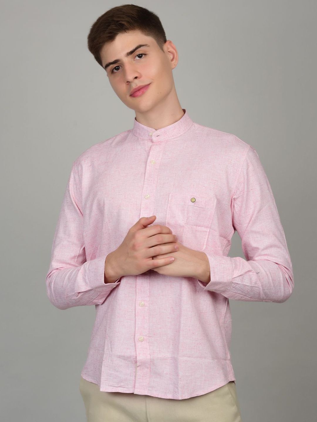 Heed Attentive Men Standard Fit Solid Mandarin Collar Cotton Casual Shirt-picture-36