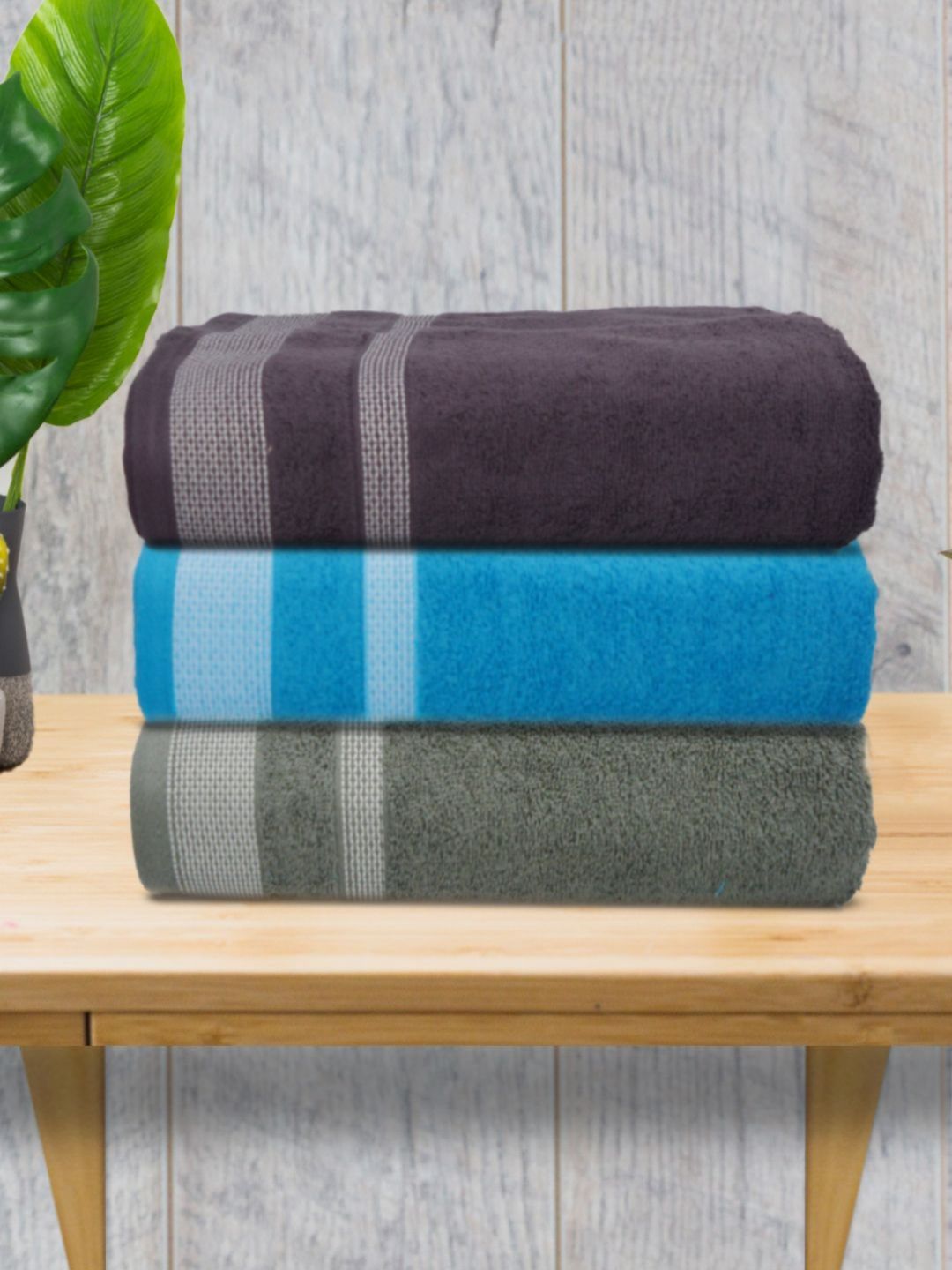 Myntra Elegant Homes Blue & Green 3 Pieces Striped 500 GSM Cotton Towel Set-picture-43