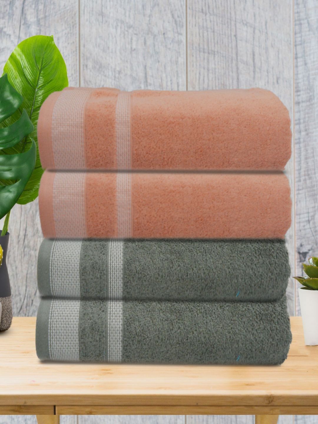 Myntra Elegant Homes Beige & Green 4 Pieces Striped 500 GSM Cotton Towel Set-picture-49