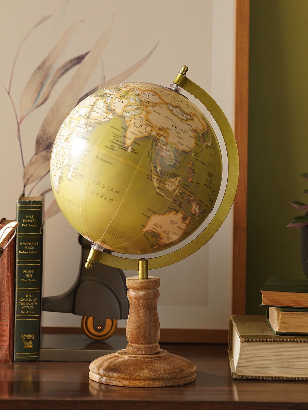 Pure Home and Living Green & Gold-Toned Decorative Globe With Stand Wooden Large Showpiece-picture-33