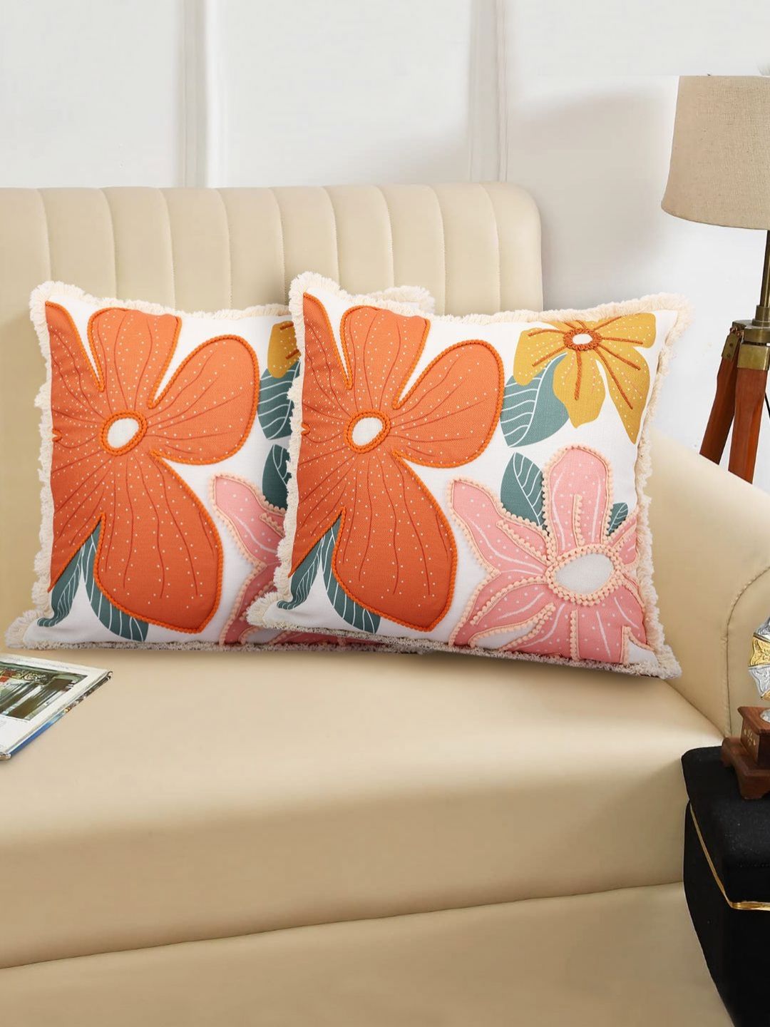 Myntra Elegant Homes Brown & Pink 2 Pieces Embroidered Square Cushion Covers-picture-10