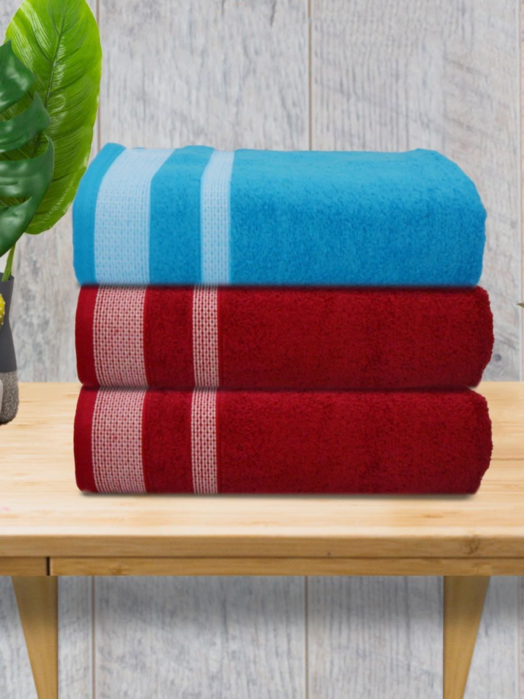 Myntra Elegant Homes Maroon & Blue 3 Pieces Striped 500 GSM Cotton Towel Set-image-33