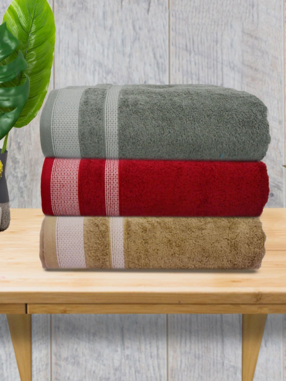 Myntra Elegant Homes Red & Grey 3 Piece Cotton 400 GSM Towel Set-picture-14