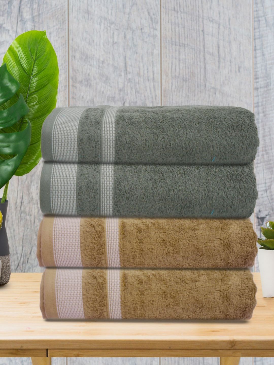 Myntra Elegant Homes Purple & Beige 4 Pieces Striped 500 GSM Cotton Towel Set-picture-26
