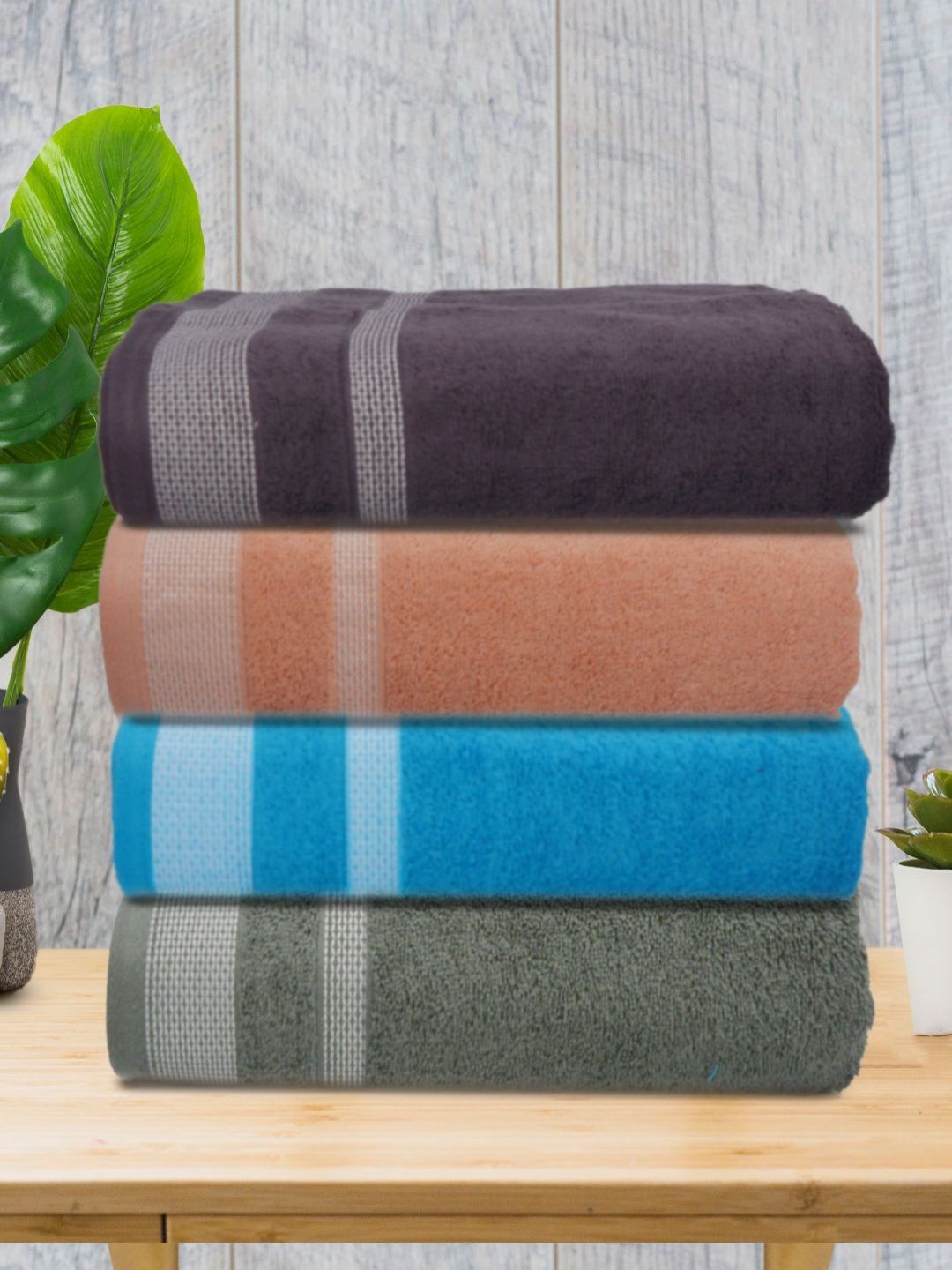 Myntra Elegant Homes Black & Pink 4 Pieces Striped 500 GSM Cotton Towel Set-picture-45