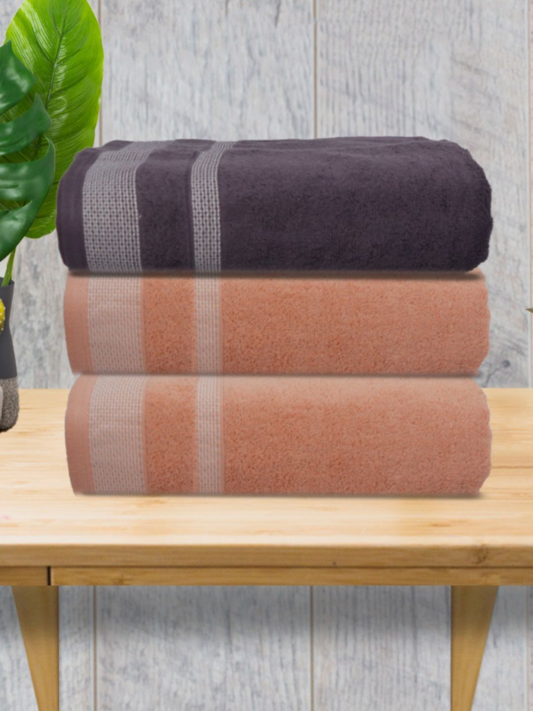 Myntra Elegant Homes Black & Pink 3 Pieces Striped 500 GSM Cotton Towel Set-picture-48