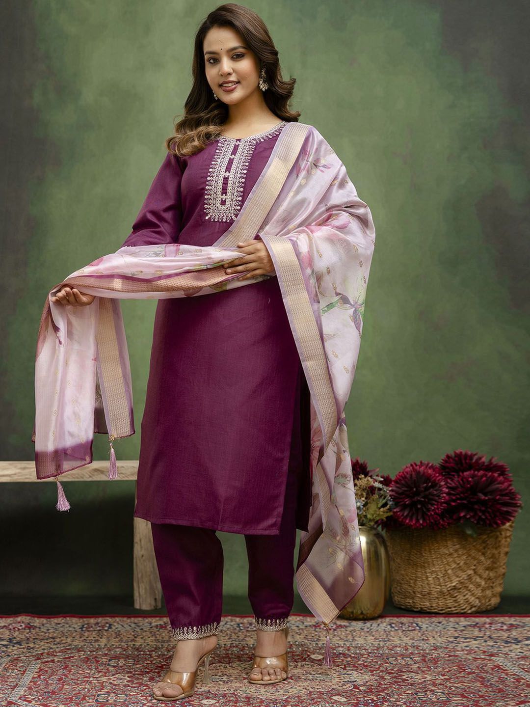 VredeVogel Women's Cotton Blend Straight Kurta Pant Set with Organza Dupatta