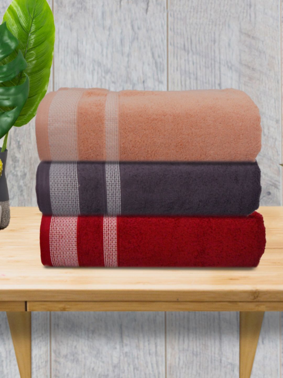 Myntra Elegant Homes Peach-Coloured & Purple 3 Piece Cotton 400 GSM Towel Set-picture-23