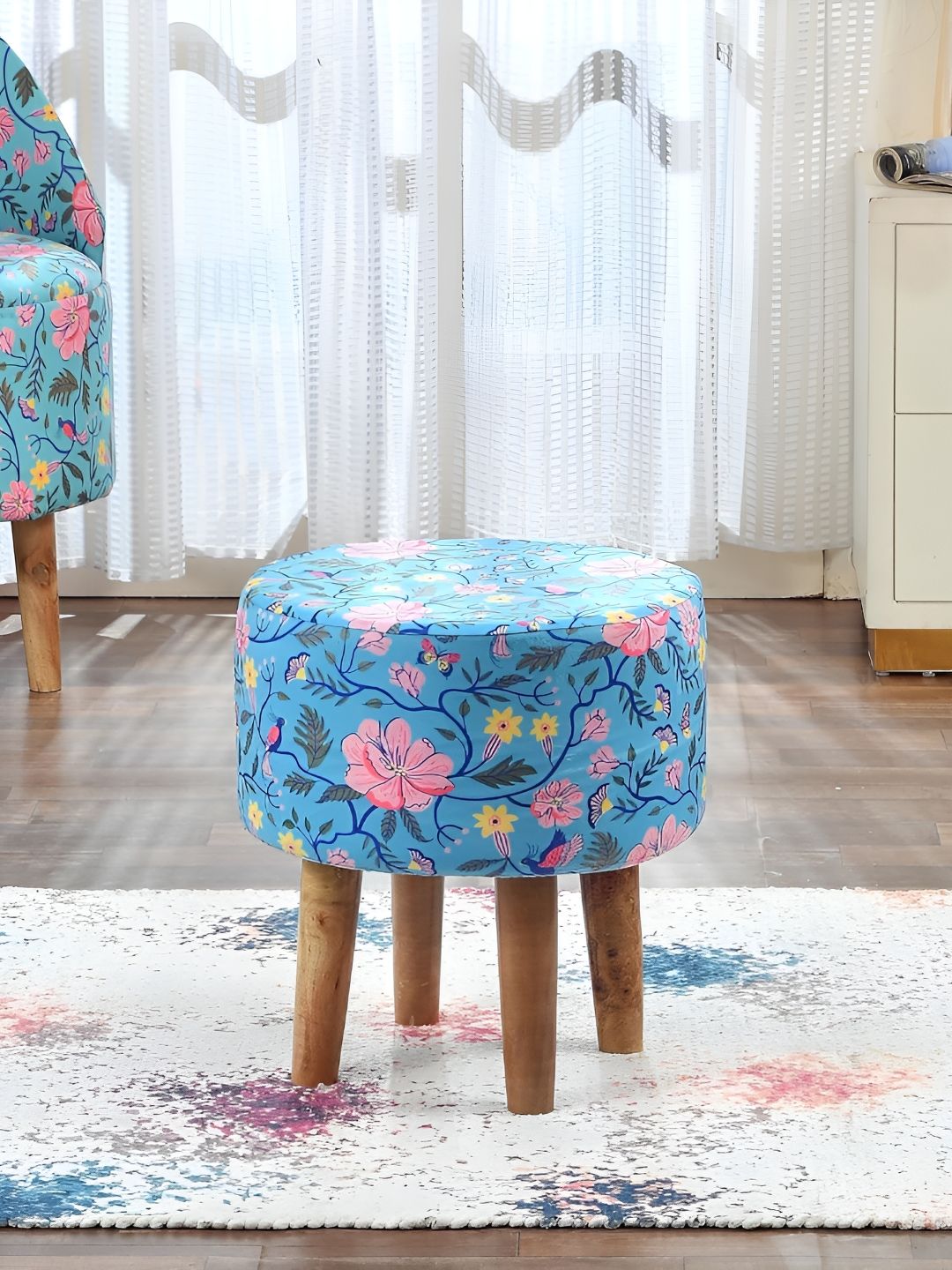 Homeaccex Blue & Yellow Printed Wooden Round Ottoman-picture-13