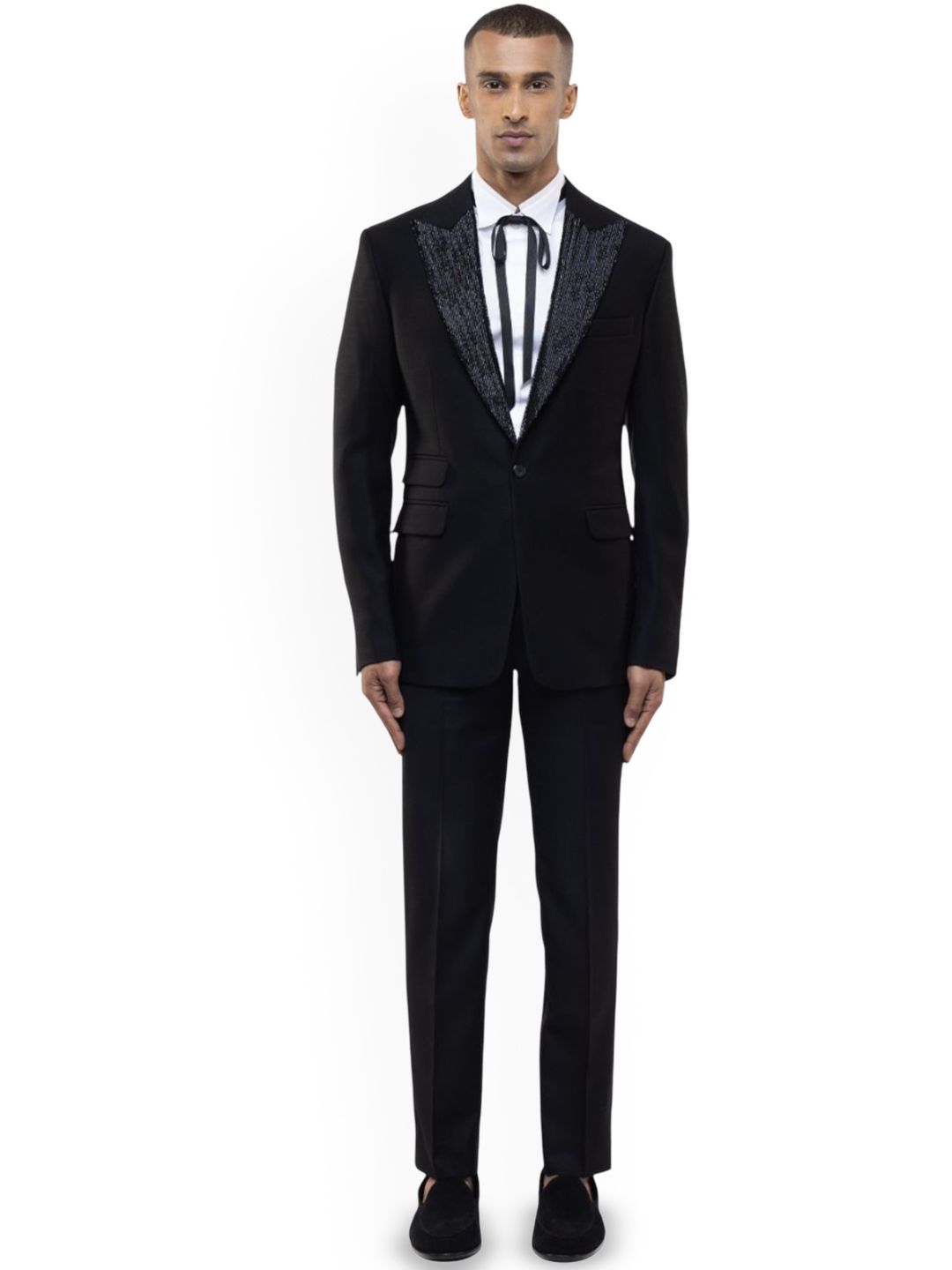 SDS By Kushal Shah Embroidered Peak Lapel Single Breasted Tuxedo Three-Piece Suit-picture-55