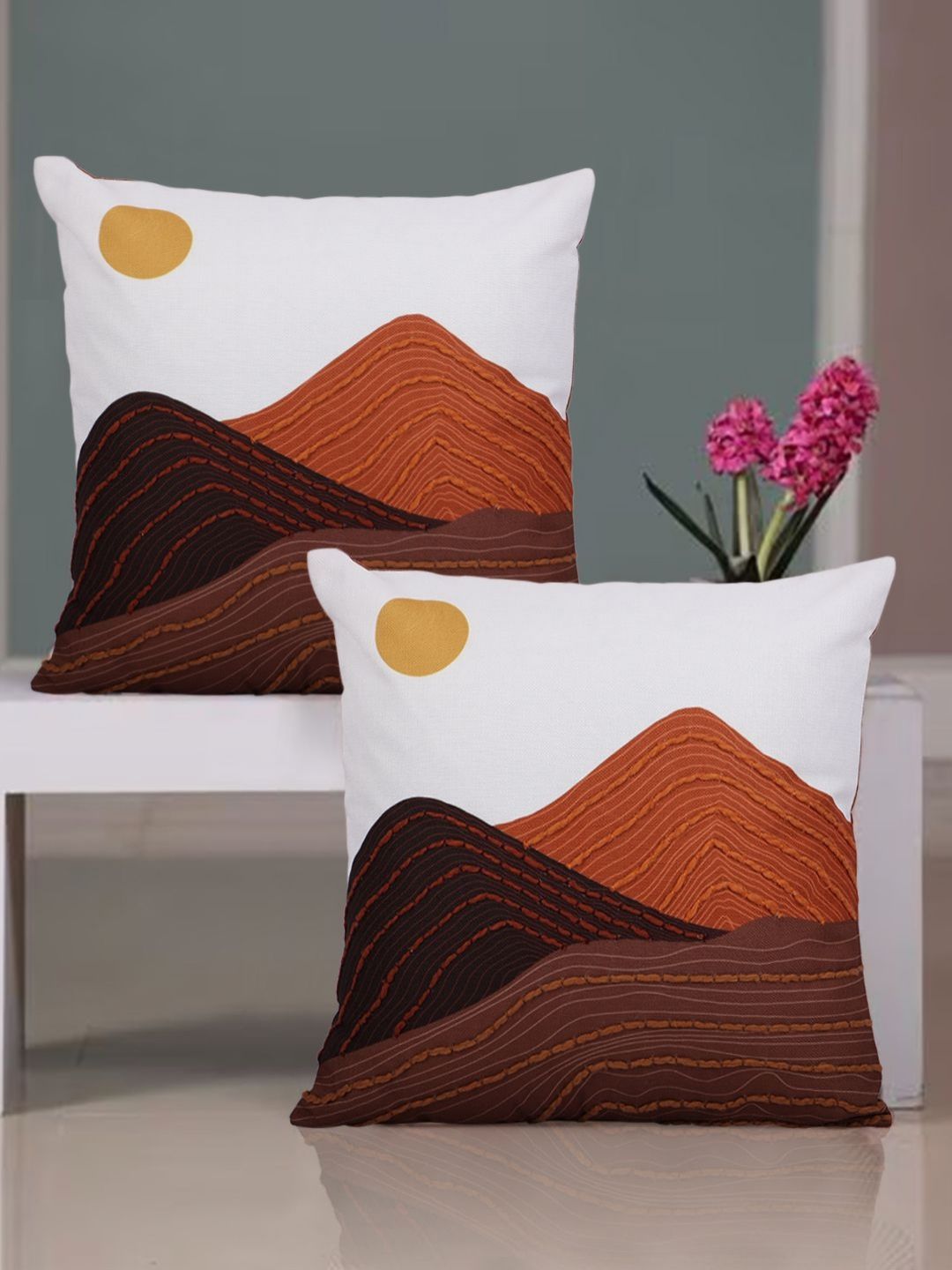 Myntra Elegant Homes White & Brown 2 Pieces Colourblocked Square Cushion Covers-image-45