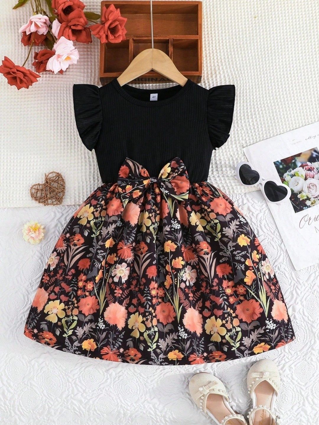 HOPZONIC Women Black Floral Print Round Neck Fit and Flare Midi Dress-picture-45