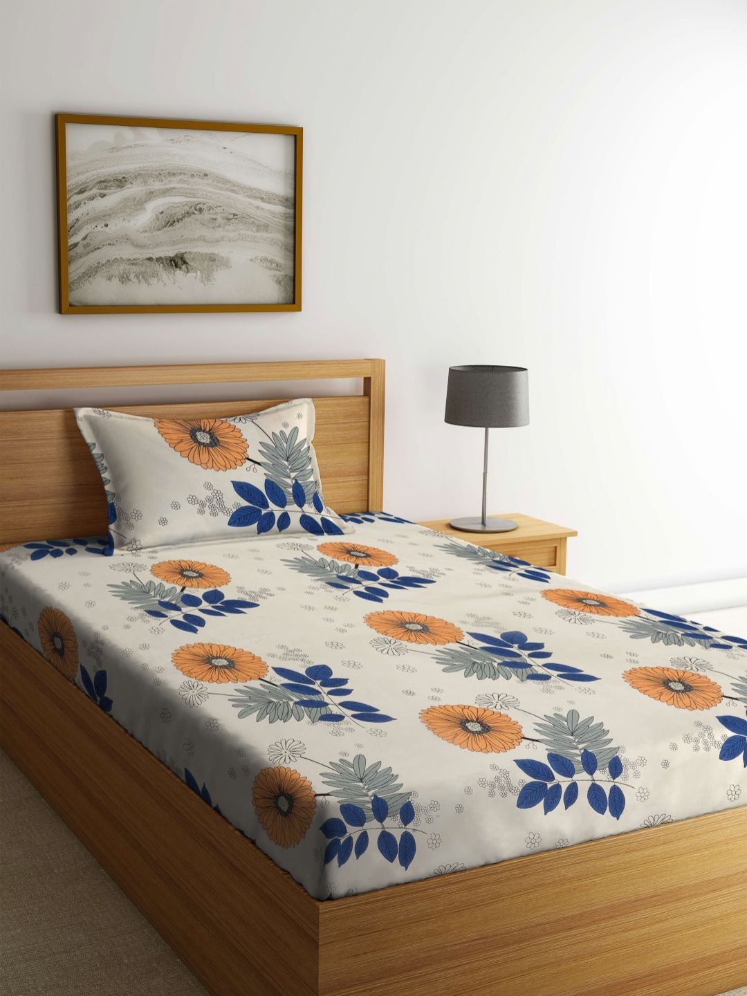aura cream-coloured floral printed 350 tc single bedsheet set 2.15 m x 1.50 m