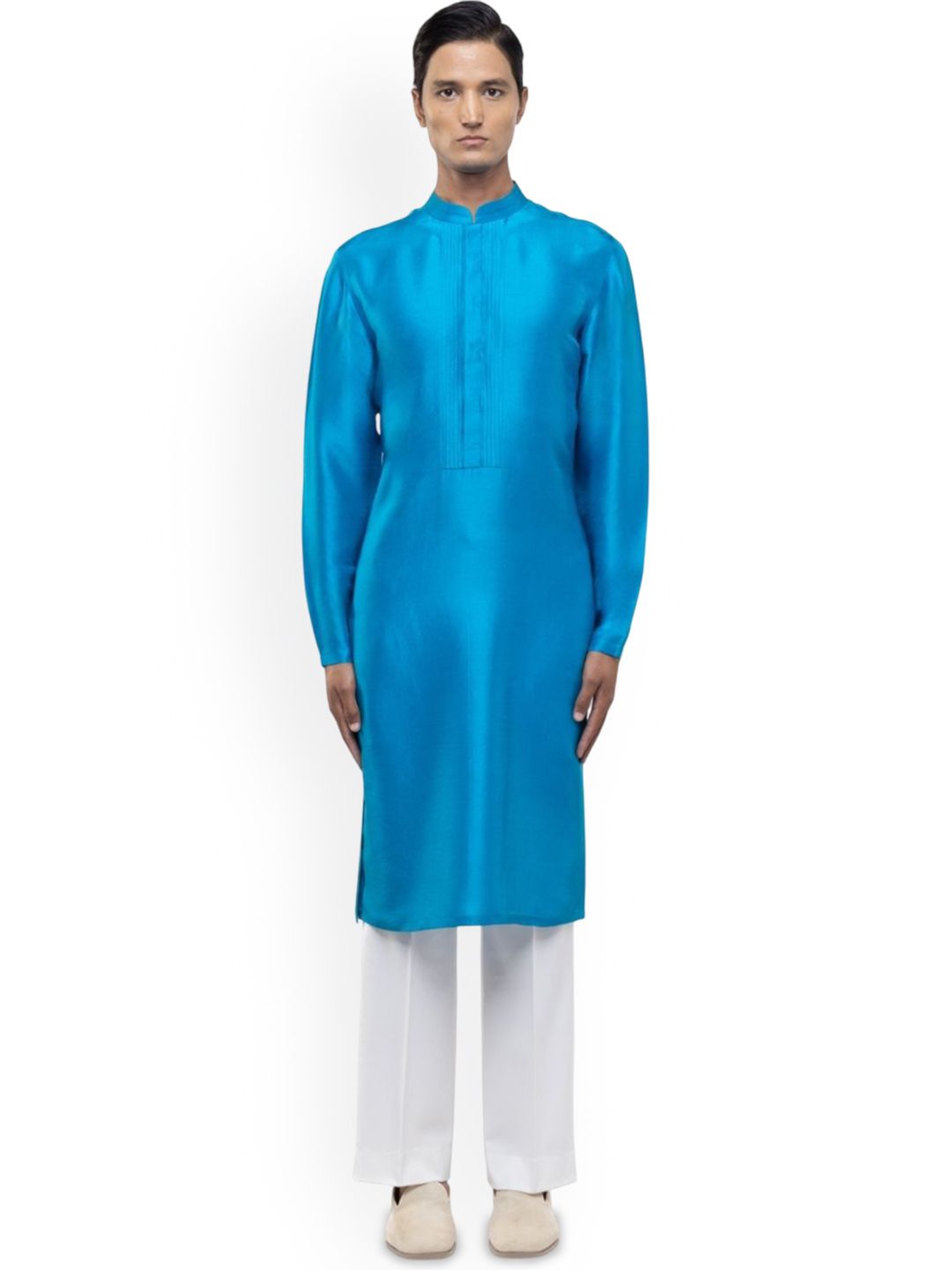 SDS By Kushal Shah Mandarin Collar Pleated Silk Straight Kurta With Trousers-picture-23