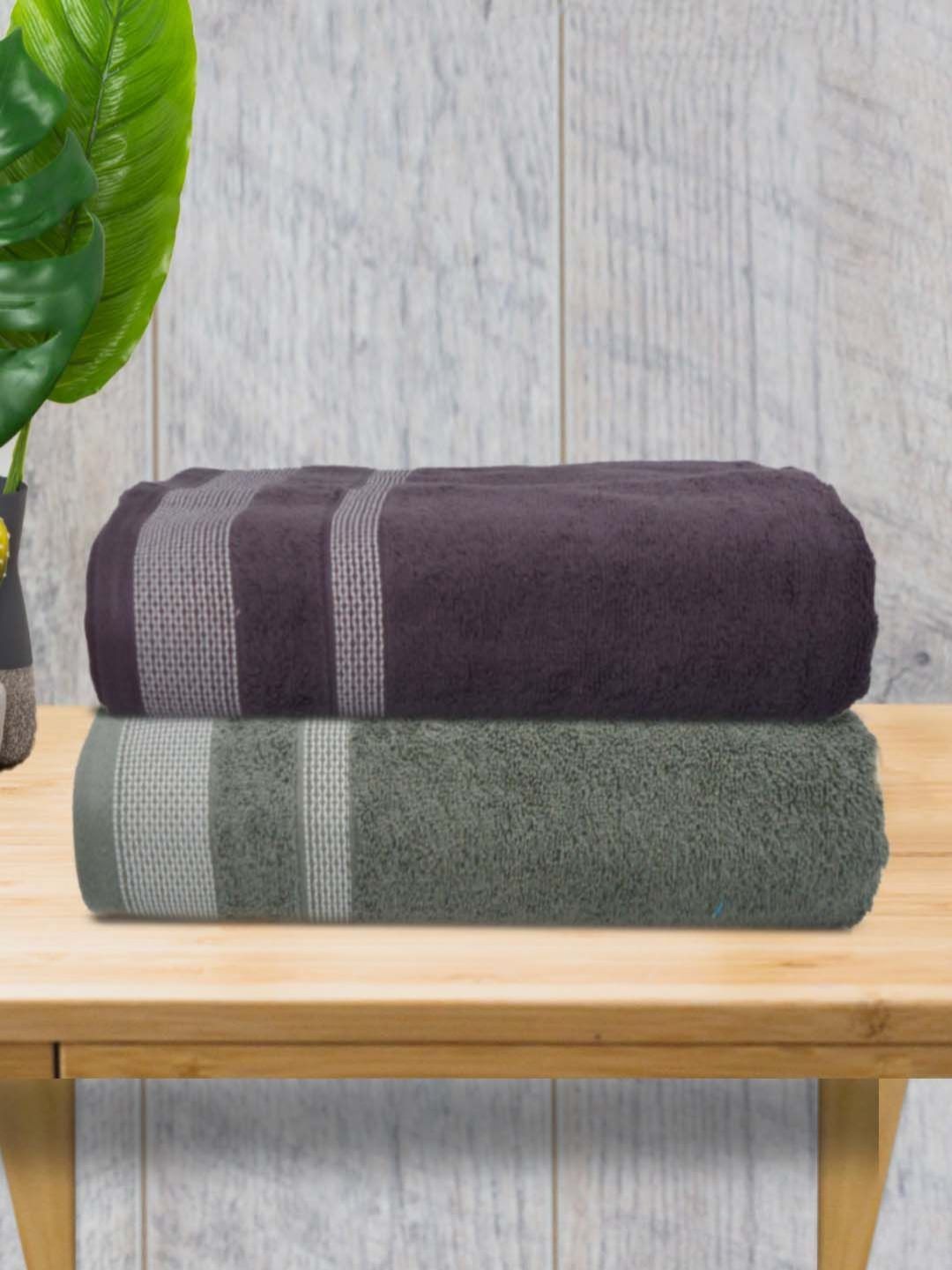 Myntra Elegant Homes Black & Green 2 Pieces Striped 500 GSM Cotton Towel Set-picture-17