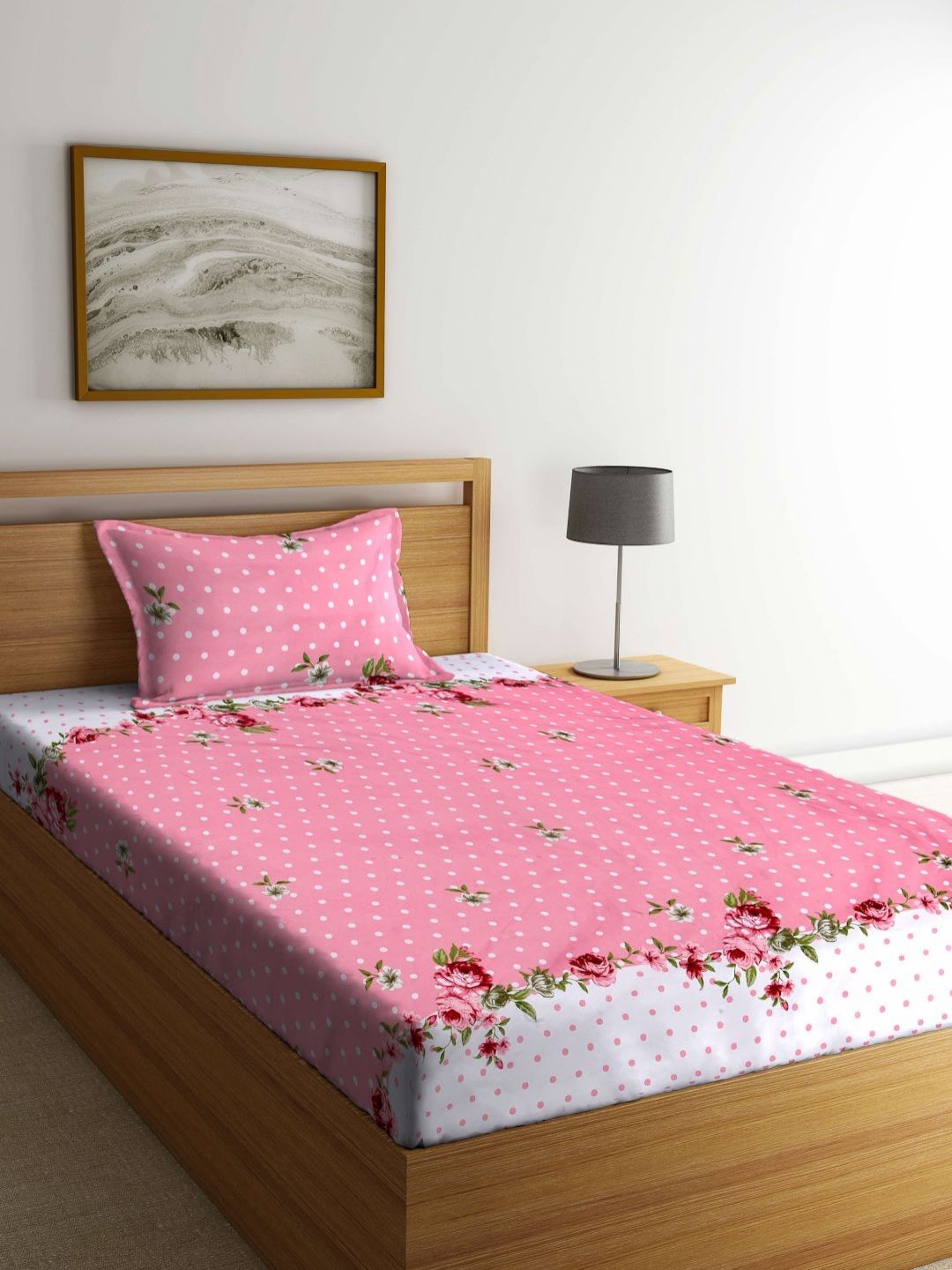 aura pink & white floral printed 350 tc single bedsheet set 2.15 m x 1.50 m