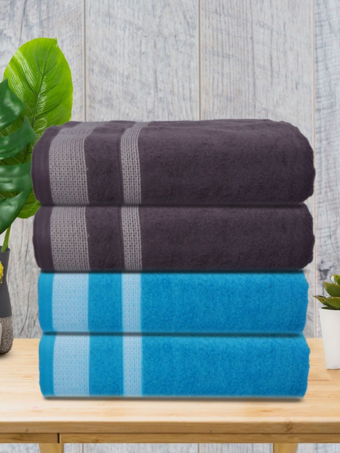Myntra Elegant Homes Black & Blue 4 Piece Printed Cotton 400 GSM Towel Set-picture-56