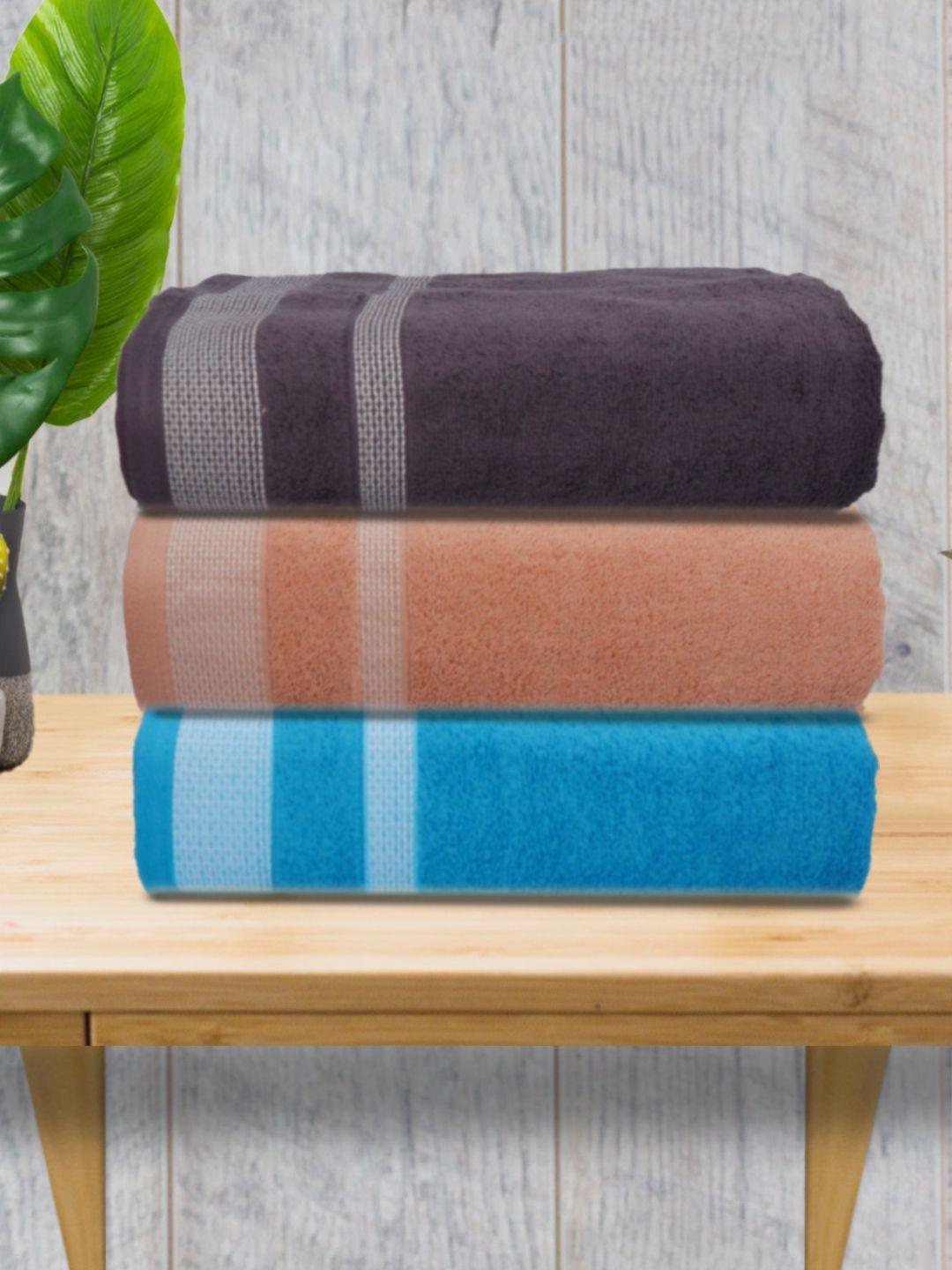 Myntra Elegant Homes Blue & Black 3 Pieces Striped 500 GSM Cotton Towel Set-picture-26