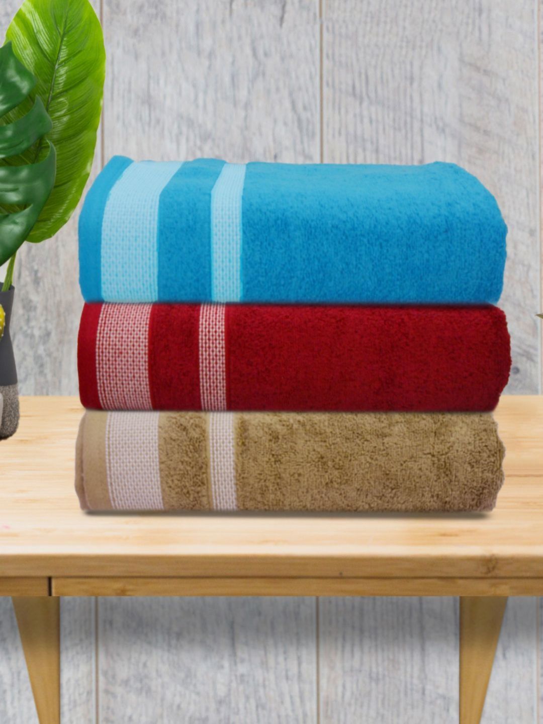 Myntra Elegant Homes Blue & Red 3 Piece Striped Cotton 400 GSM Towel Set-picture-45