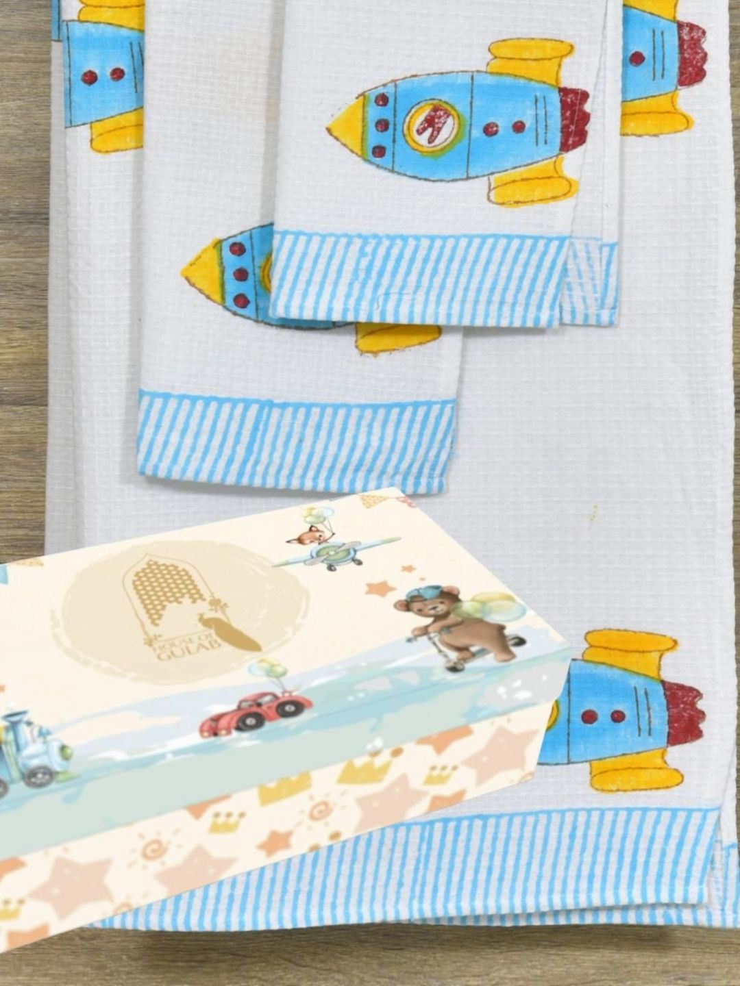 Gulaab Jaipur Kids White & Blue 3 Pieces Printed Cotton 300 GSM Towel Set With Gift Box-picture-25