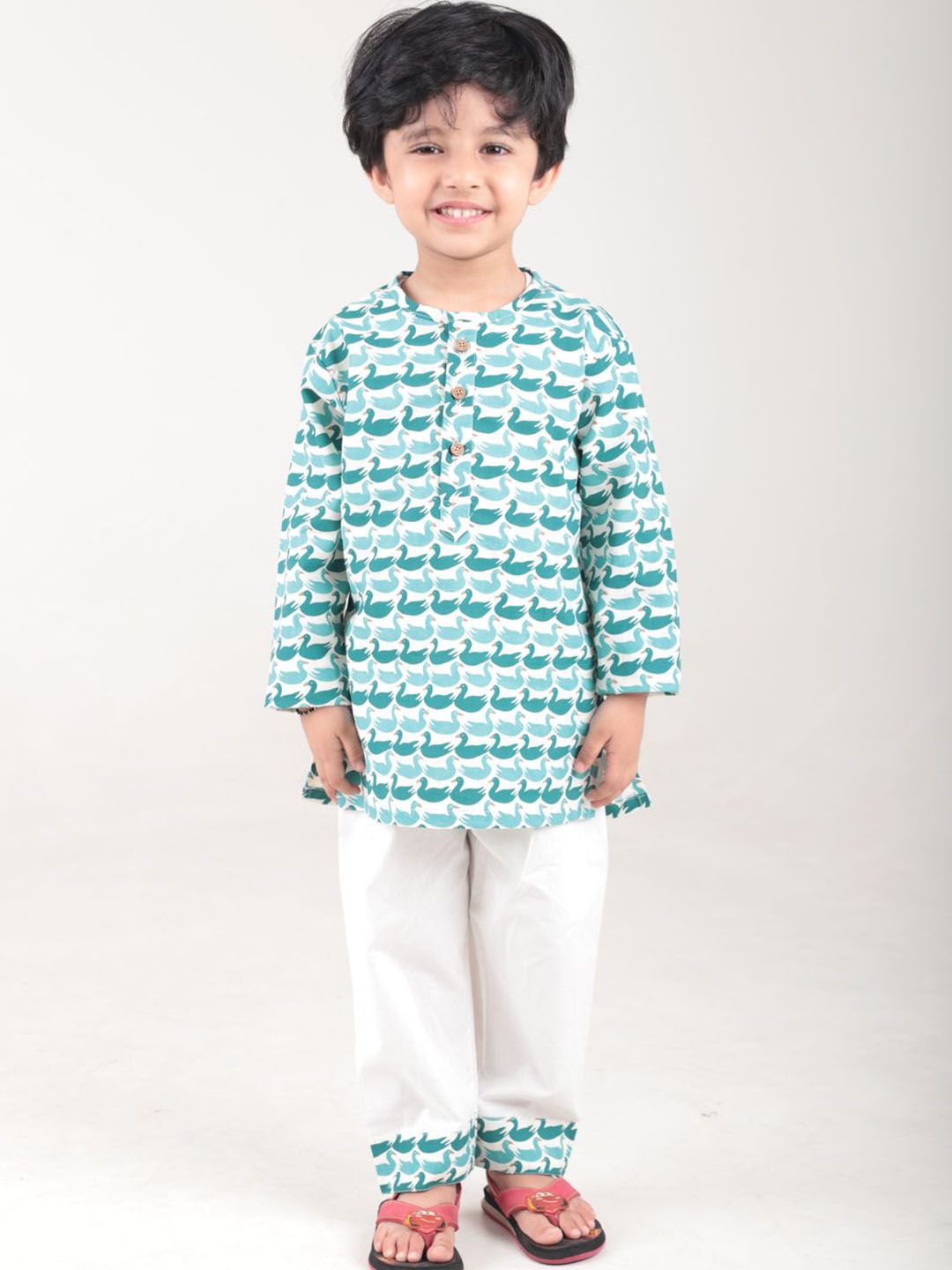 Polka Tots Boys Quirky Printed Round Neck Pure Cotton Kurta With Pyjamas-picture-49