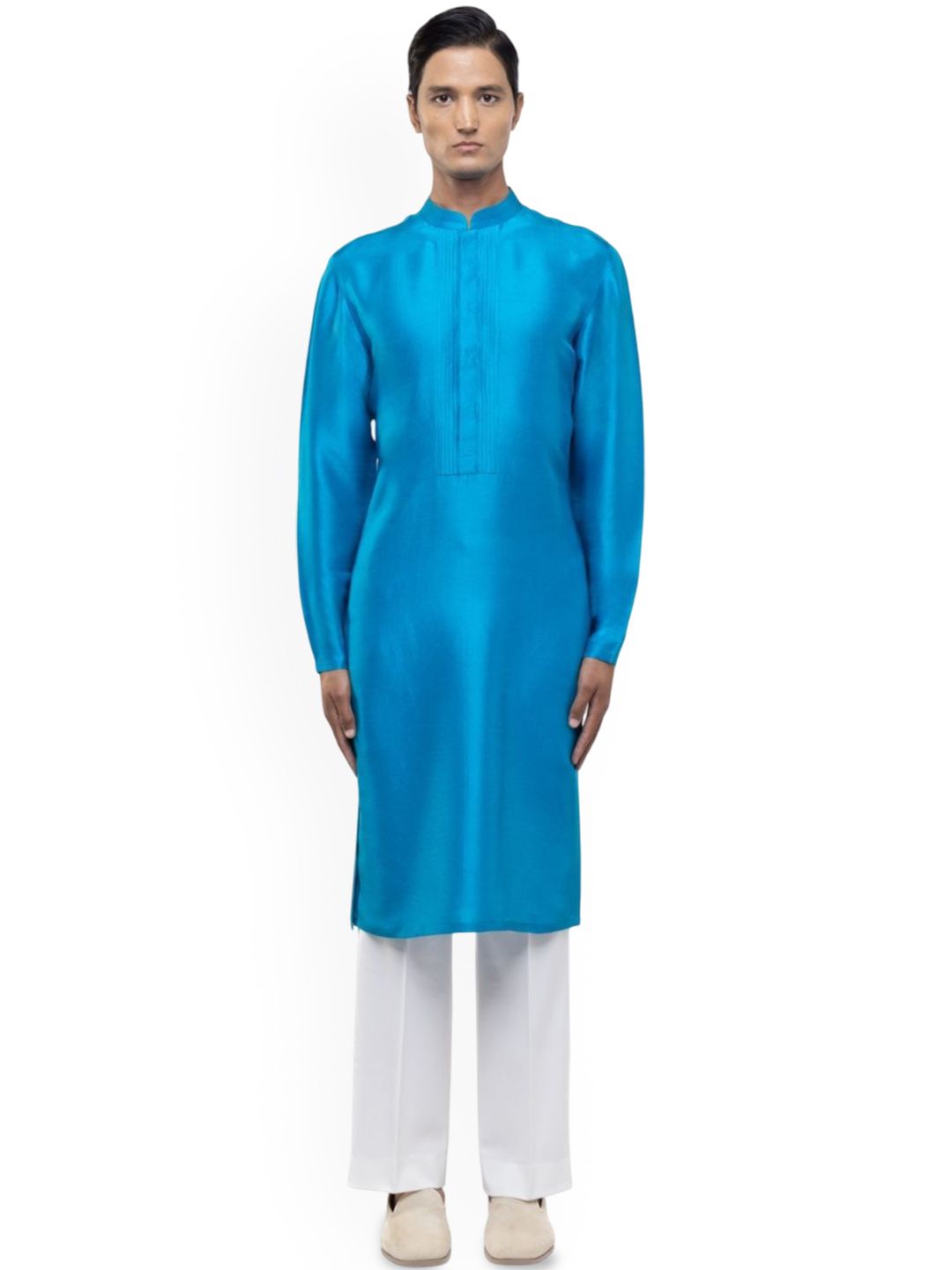 SDS By Kushal Shah Mandarin Collar Pleated Silk Straight Kurta With Trousers-picture-20