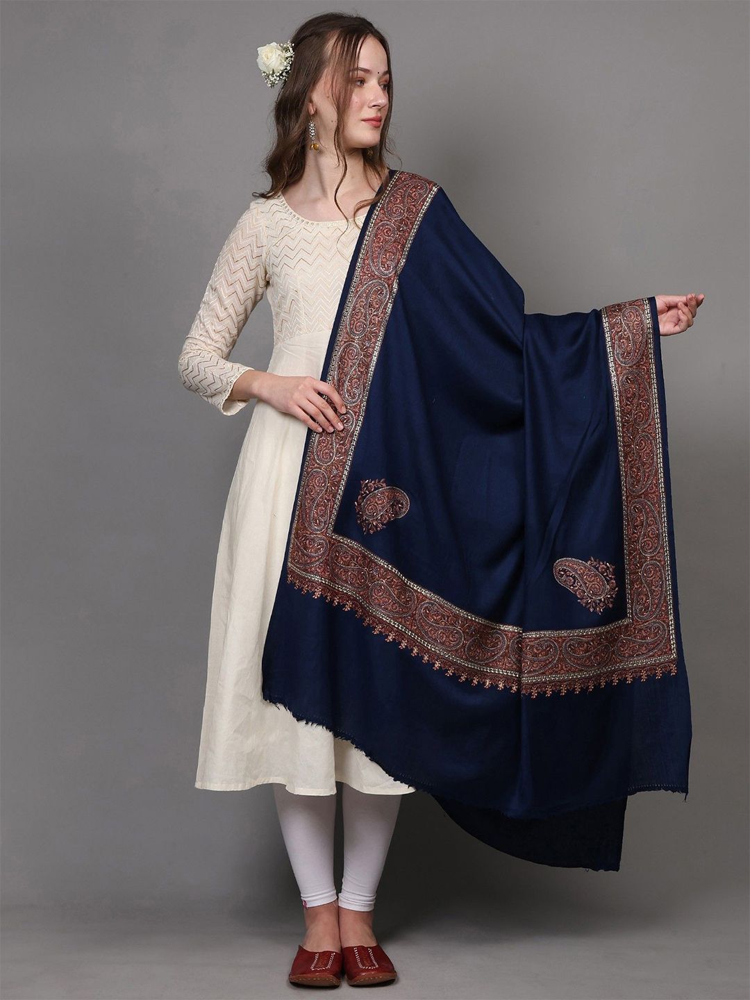 Exotic India Pure Wool Shawl With Thread Embroidered Border Paisley & Corner From Amritsar-picture-11