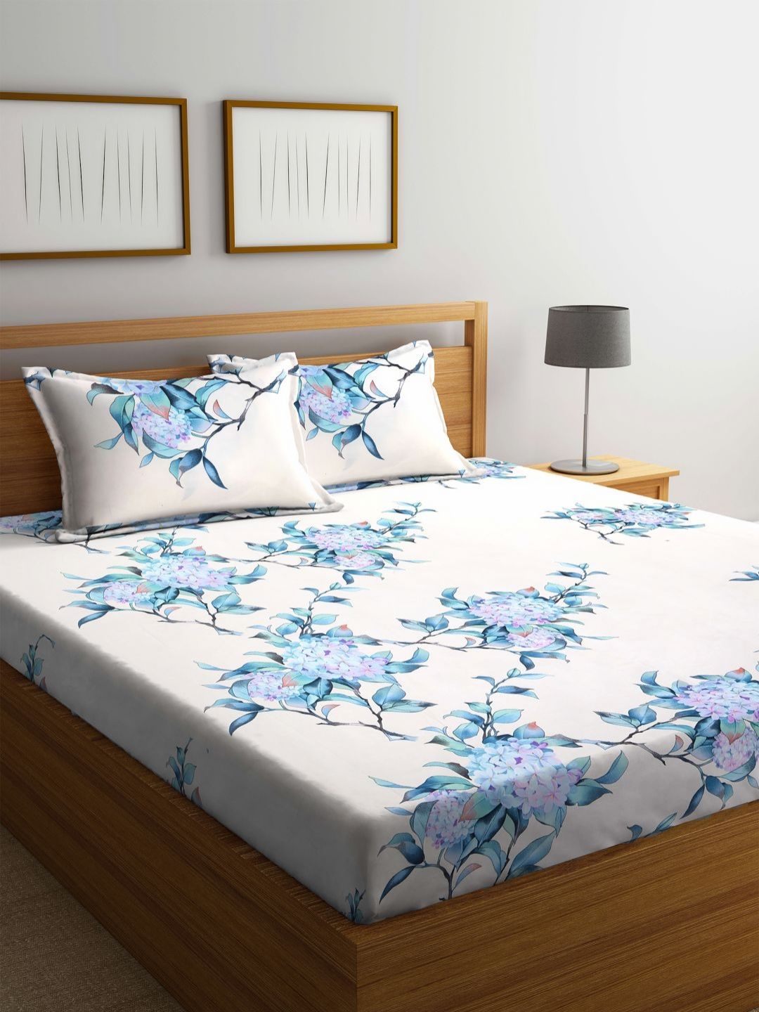 Myntra Elegant Homes White & Blue Floral Printed 300 TC King Bedsheet Set 2.5 m x 2.2 m-picture-39