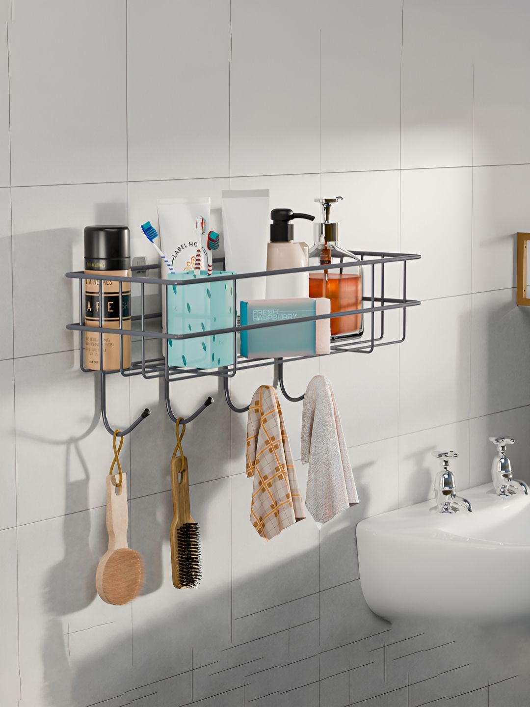 Myntra Elegant Homes White Self Adhesive Bathroom Caddy With Drill Screws & 4 Hooks-picture-29