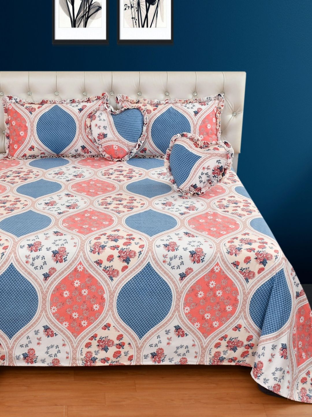 Luxmi Cotton Fabrics White & Blue Floral Polycotton 5 Piece Double Queen Superfine Bedding Set-picture-13