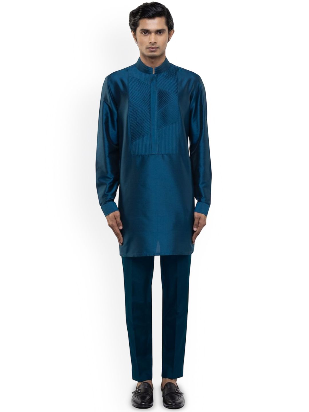SDS By Kushal Shah Mandarin Collar Pleated Silk Straight Kurta With Trousers-picture-29