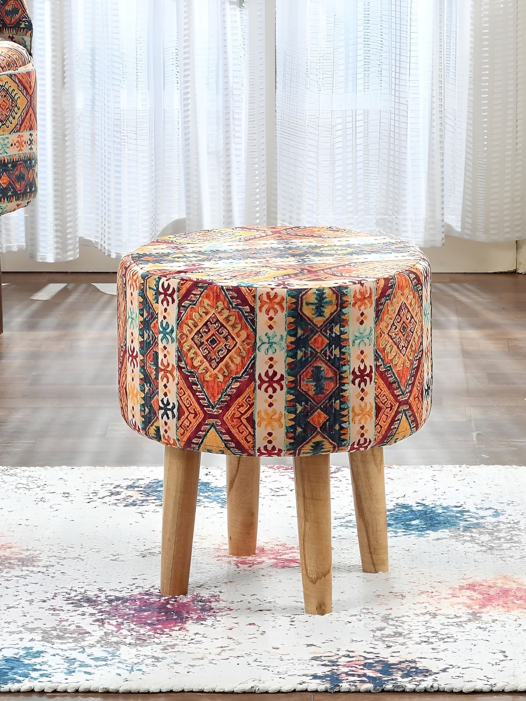 Homeaccex Beige & Red Rajasthani Printed Wooden Round Ottoman-picture-30
