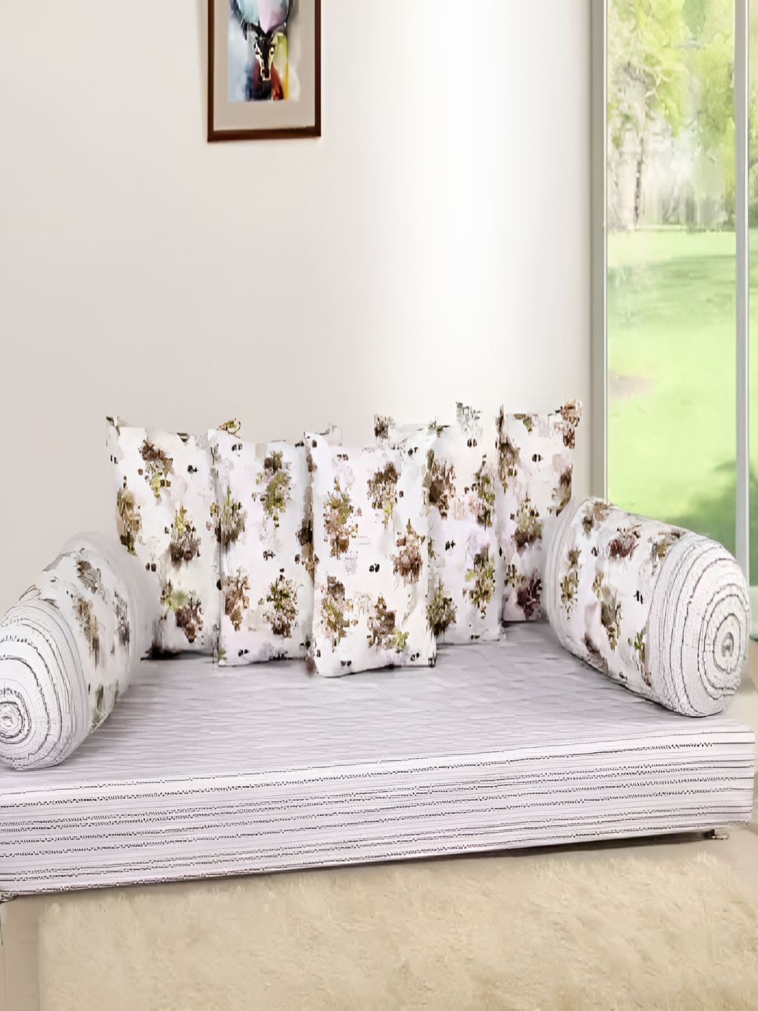 Luxmi Cotton Fabrics 8-Pcs White & Green PrintedDiwanSet-picture-11