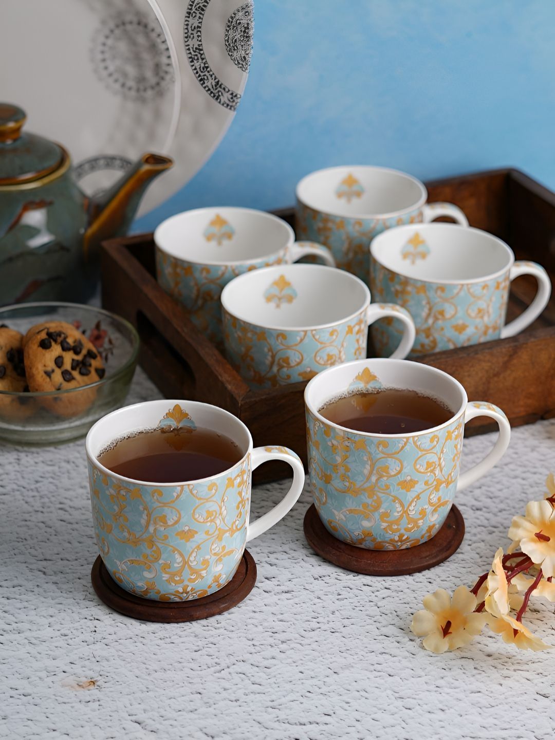 Aura White & Blue 6 Pieces Printed Glossy Ceramic Coffee Mugs 150ML-picture-23