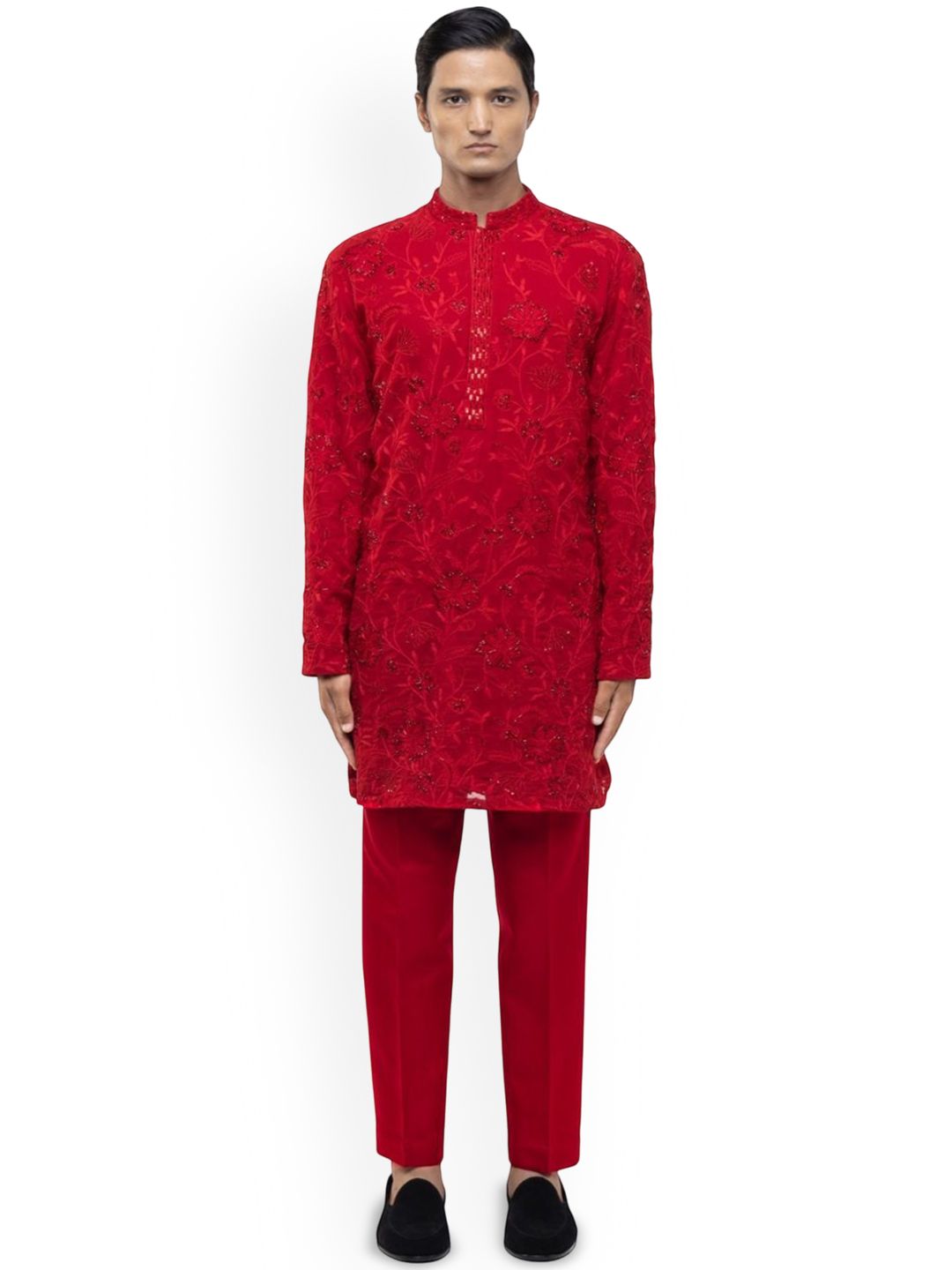 SDS By Kushal Shah Floral Embroidered Mandarin Collar Georgette Straight Kurta & Trousers-picture-48