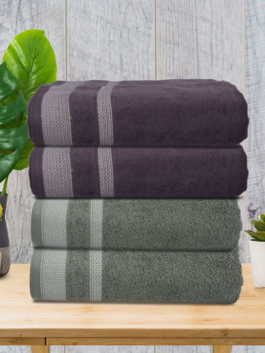 Myntra Elegant Homes Green & Black 4 Piece Printed Cotton 400 GSM Towel Set-picture-12