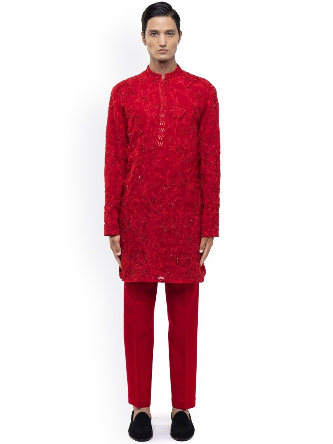 SDS By Kushal Shah Floral Embroidered Mandarin Collar Beaded Georgette Kurta With Trouser-picture-30