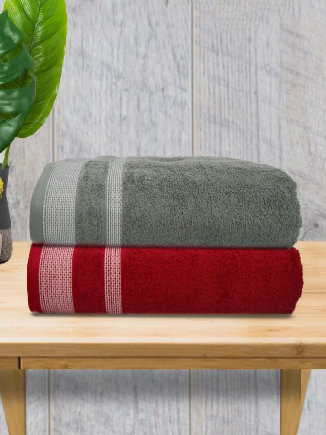 Myntra Elegant Homes Maroon & Grey 2 Piece Striped Cotton 400 GSM Towel Set-image-49